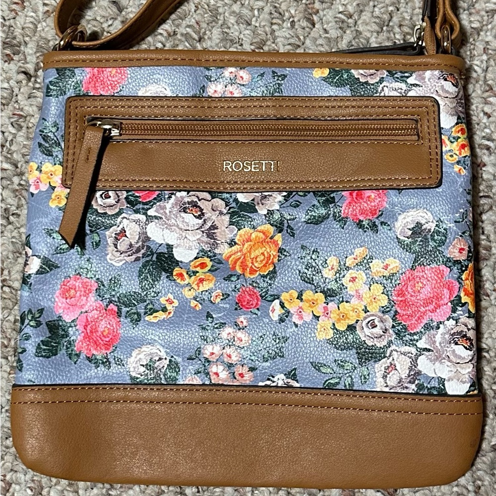 Rosetti Blue and Tan Crossbody Bag with Floral Design
